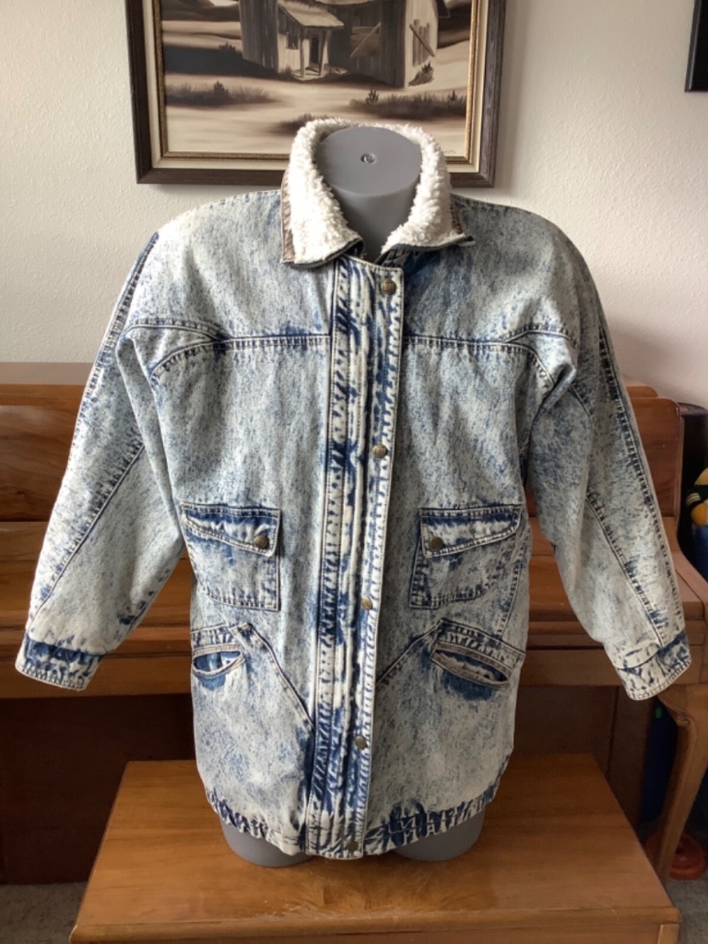 Vintage Andy Johns Woman’s ACID WASH Denim JACKET Size Medium Sherpa CHORE COAT